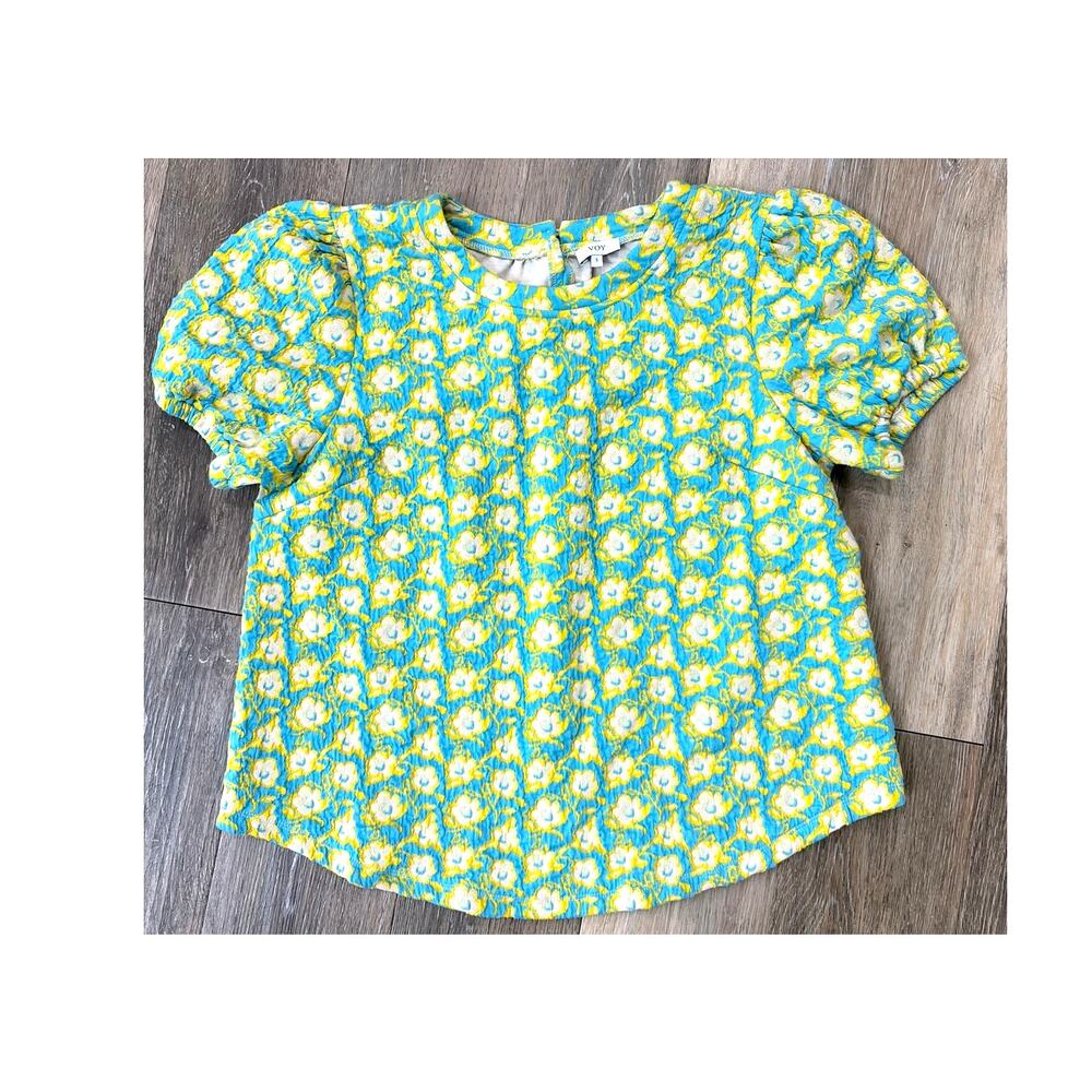 VOY Women’s Small Puff Sleeve Floral Textured Top Blue Yellow Cottagecore Boho